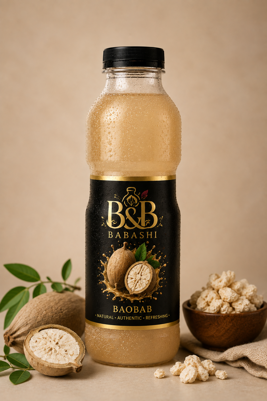 Creamy pale baobab drink in a small artisanal bottle