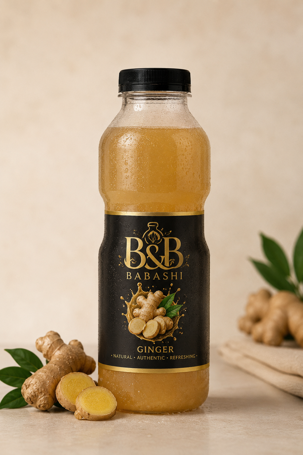 Golden yellow ginger drink in a clear glass bottle