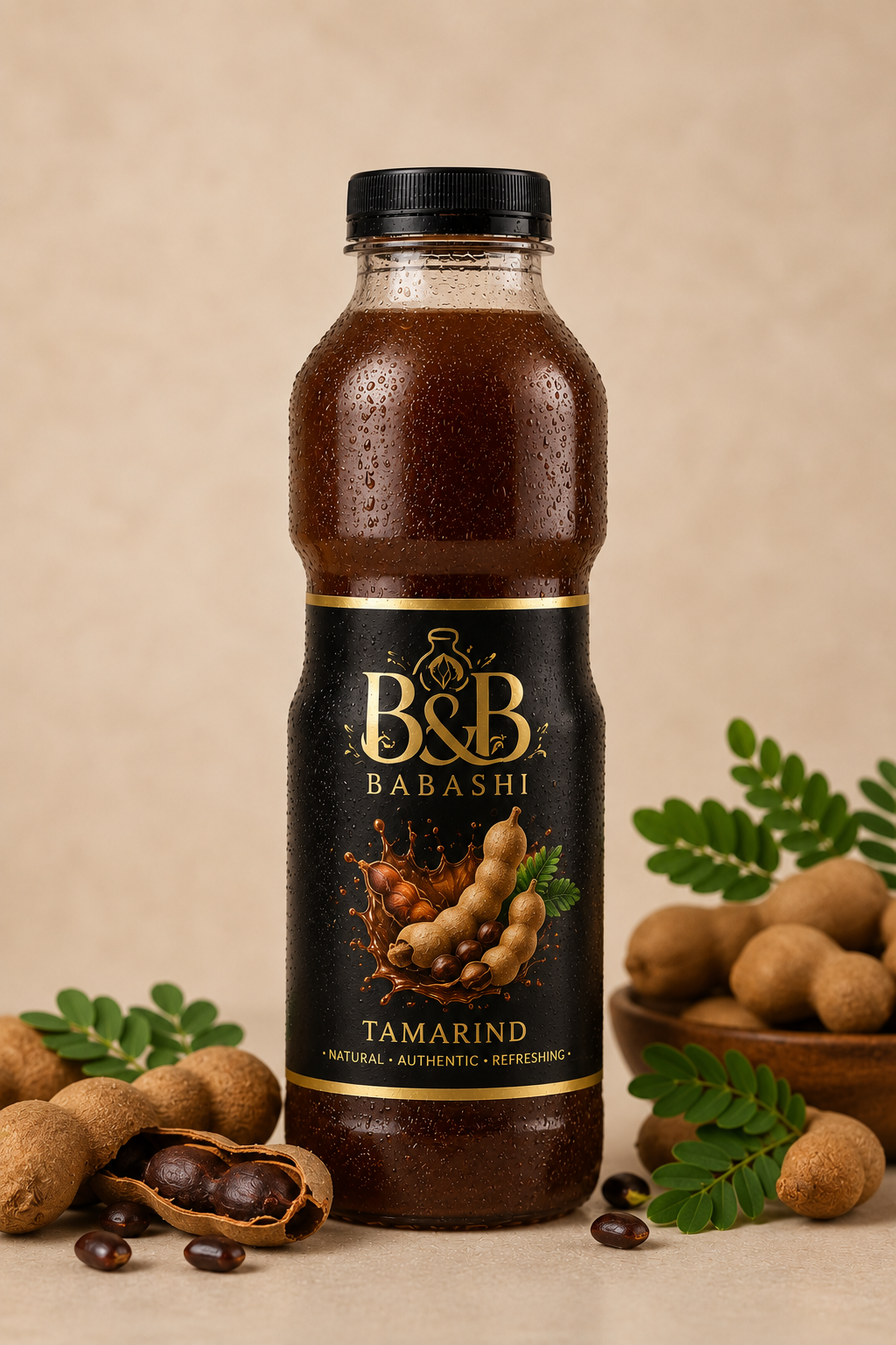 Amber brown tamarind drink in a glass bottle