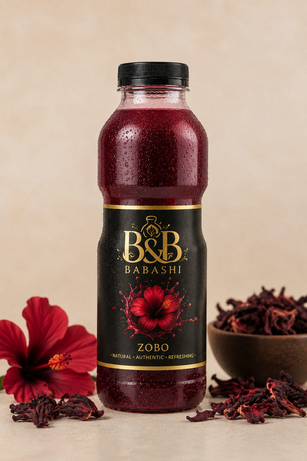 Deep red hibiscus Zobo drink in a tall glass bottle