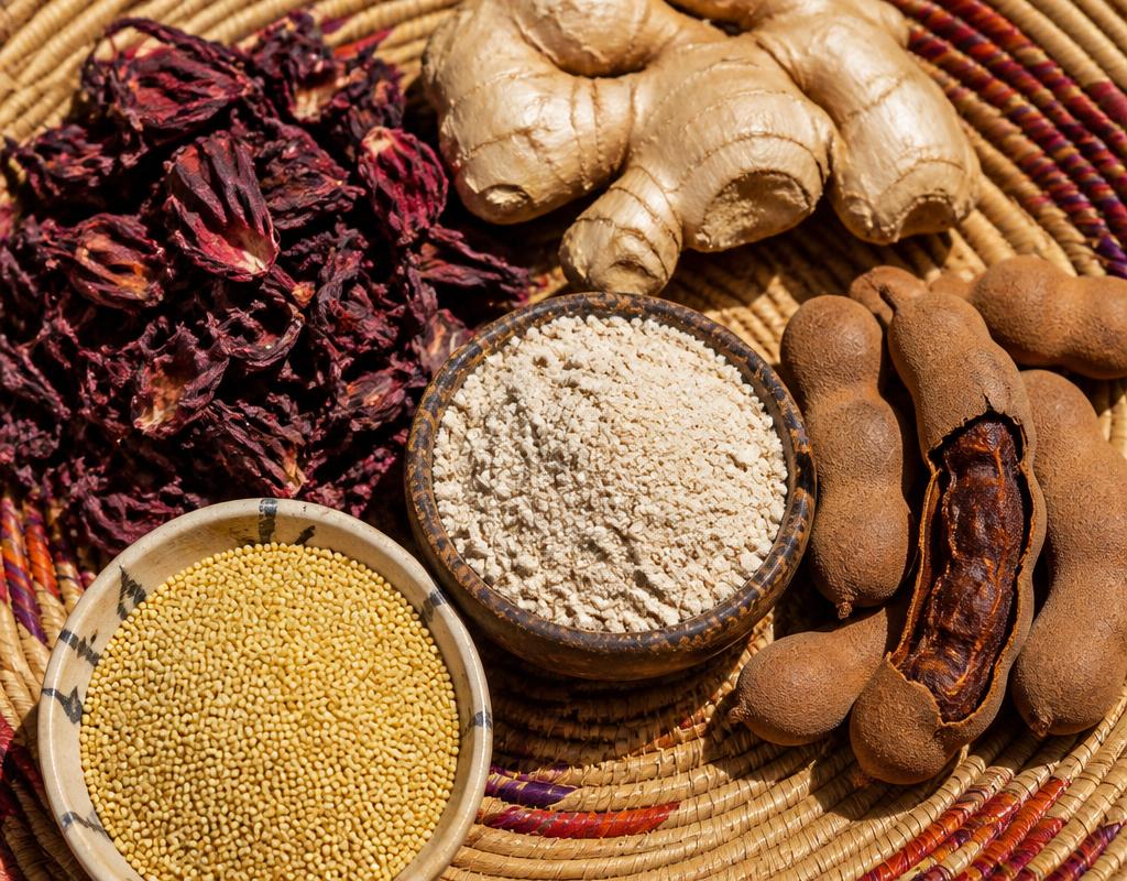 Flat lay of Nigerian drink ingredients: hibiscus, ginger, tamarind, baobab and millet on a woven mat